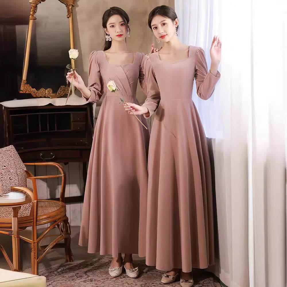 Long-sleeved Velvet Sister-crew Evening Dress For Women