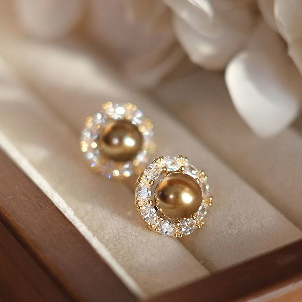 Classic Elegant Light Luxury Niche Round Champagne Pearl Sparkling Stud Earrings, Versatile New Autumn Winter Jewelry