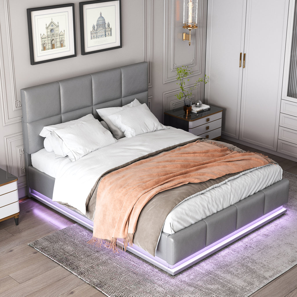 Upholstered Bed 140x200 Cm With LED Lighting & Hydraulically Liftable Bed Storage Space, Bed Base & Slatted Frame Cover Made Of  Leather Double Bed  Youth Bed Grey
