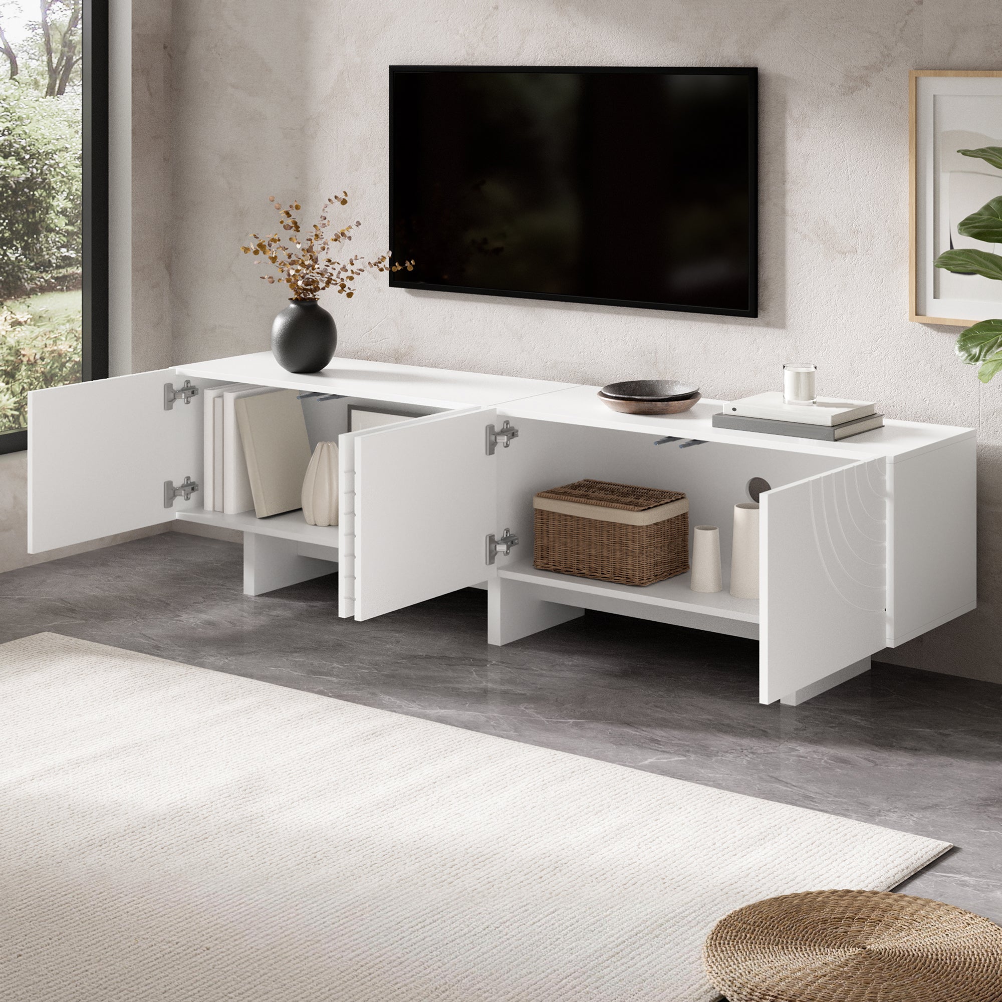Modern TV Cabinet With 4 Doors And Geometric Arch Pattern, White TV Lowboard With Decorative Relief Fronts And Central Partition, TV Cabinet With Storage Space For Living Room