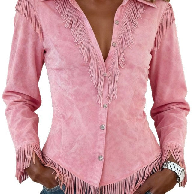 Western Cowboy-Style Suede Fringe Slim-Fit Long-Sleeve Shirt