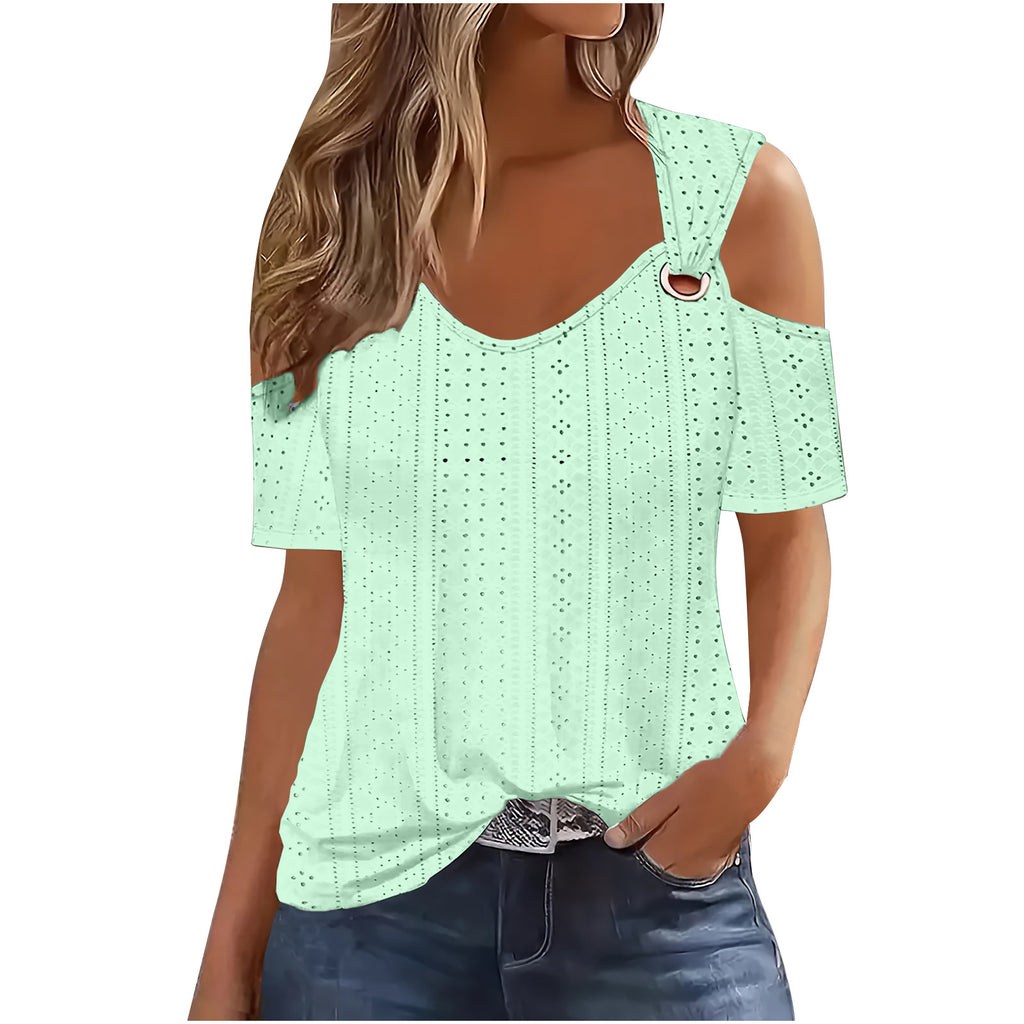 European And American-style Fitted Casual Short-sleeve Womens T-shirt With A Slit Neckline