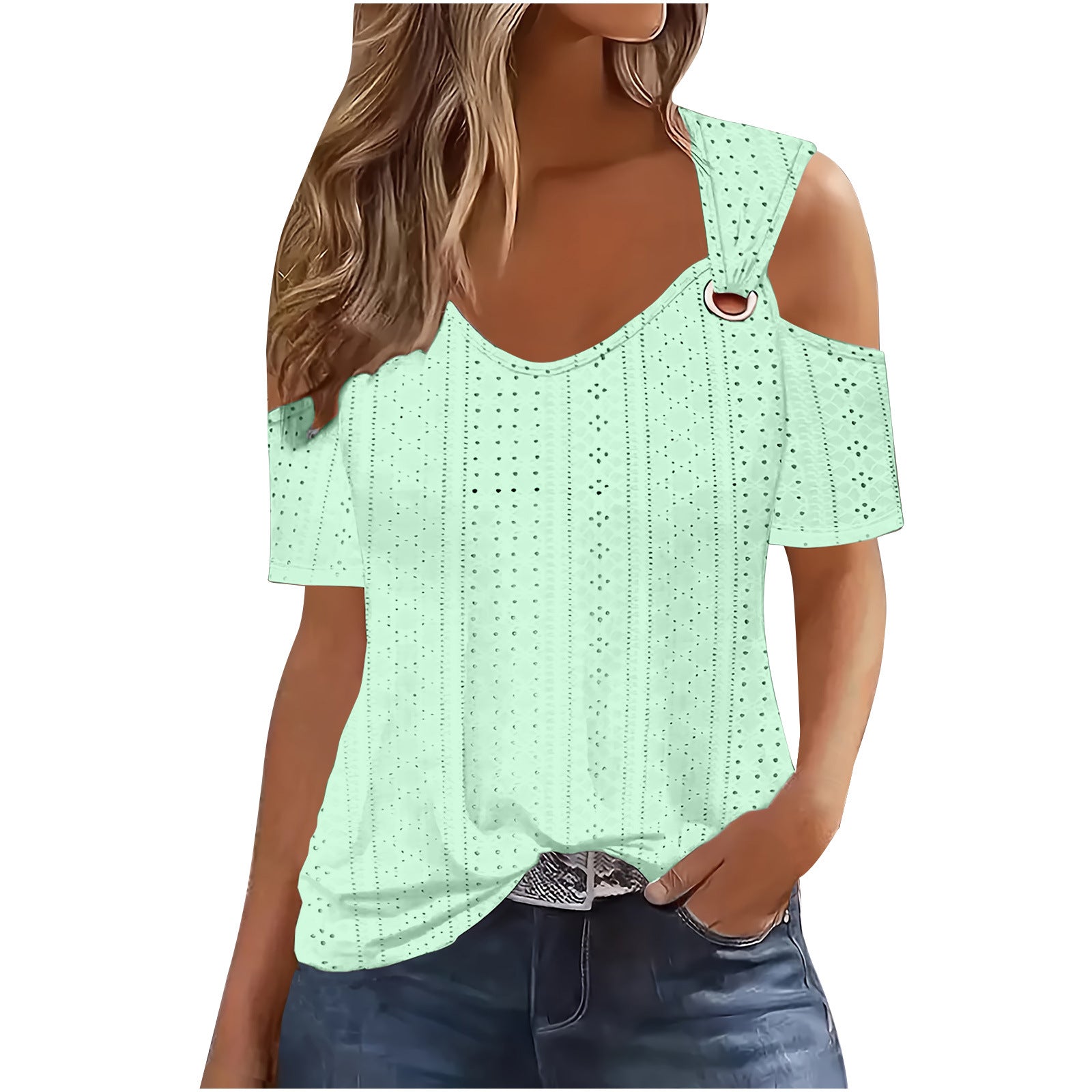 European And American-style Fitted Casual Short-sleeve Womens T-shirt With A Slit Neckline