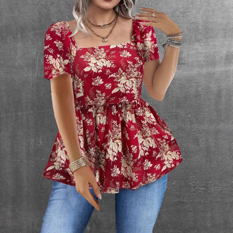 Womens Casual Short Square-neck Floral Top