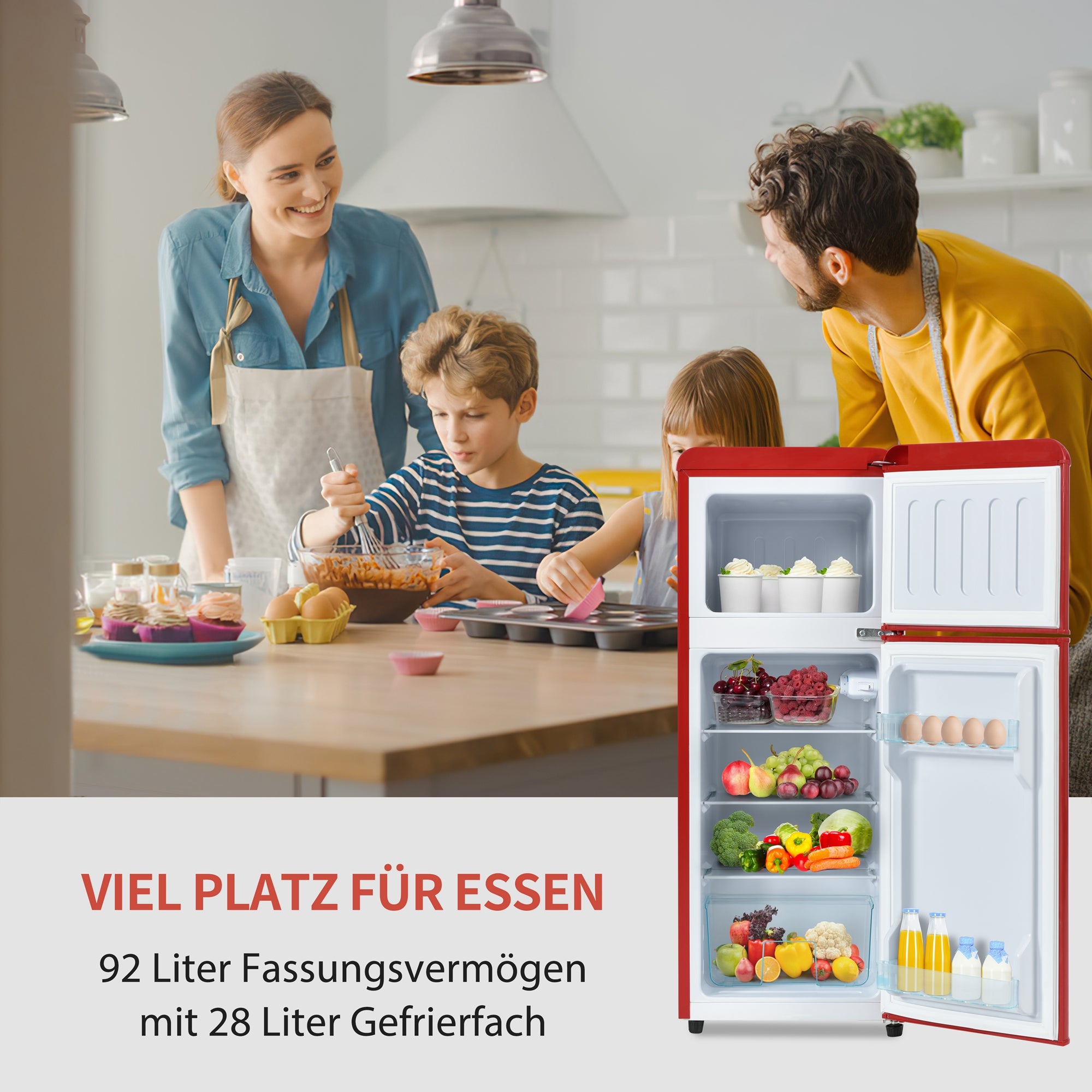 Retro Fridge-freezer Combination105.5 Cm High, 41 Cm Wide, Two-door92-liter Total Capacity, 28-liter Freezer Capacity. Features Door Shelves And Glass Shelves. 116 KWhyear, Temperature Range