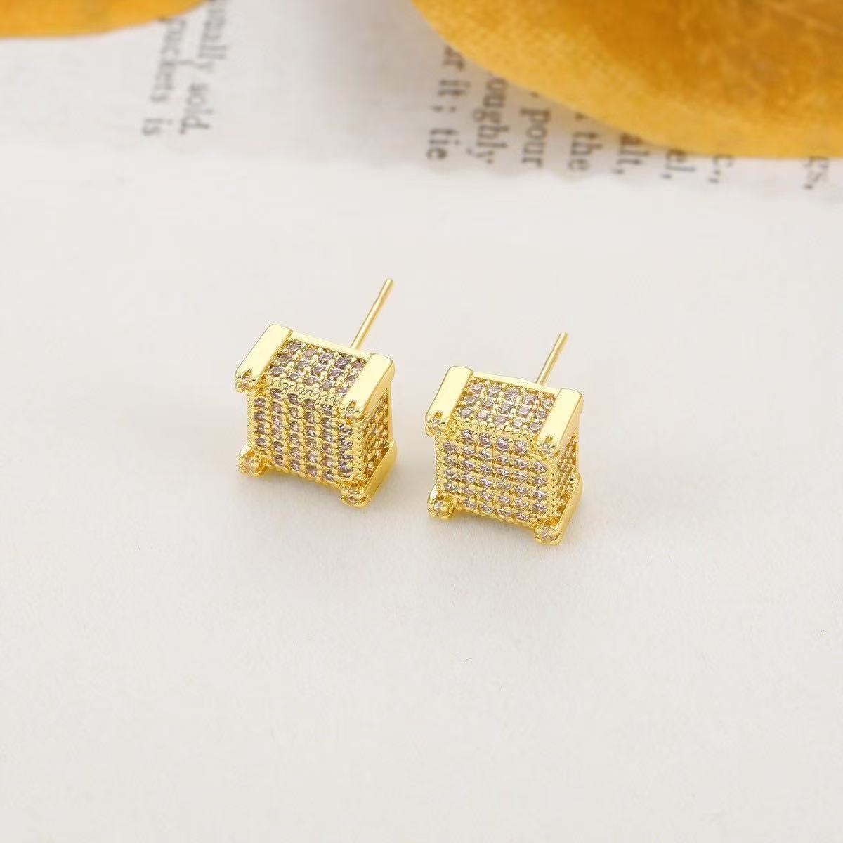 2026 Autumn European & American Bestselling Square Stud Earrings For Men, Micro Paved Full Zircon Hip Hop Street Trend Popular Ear Jewelry