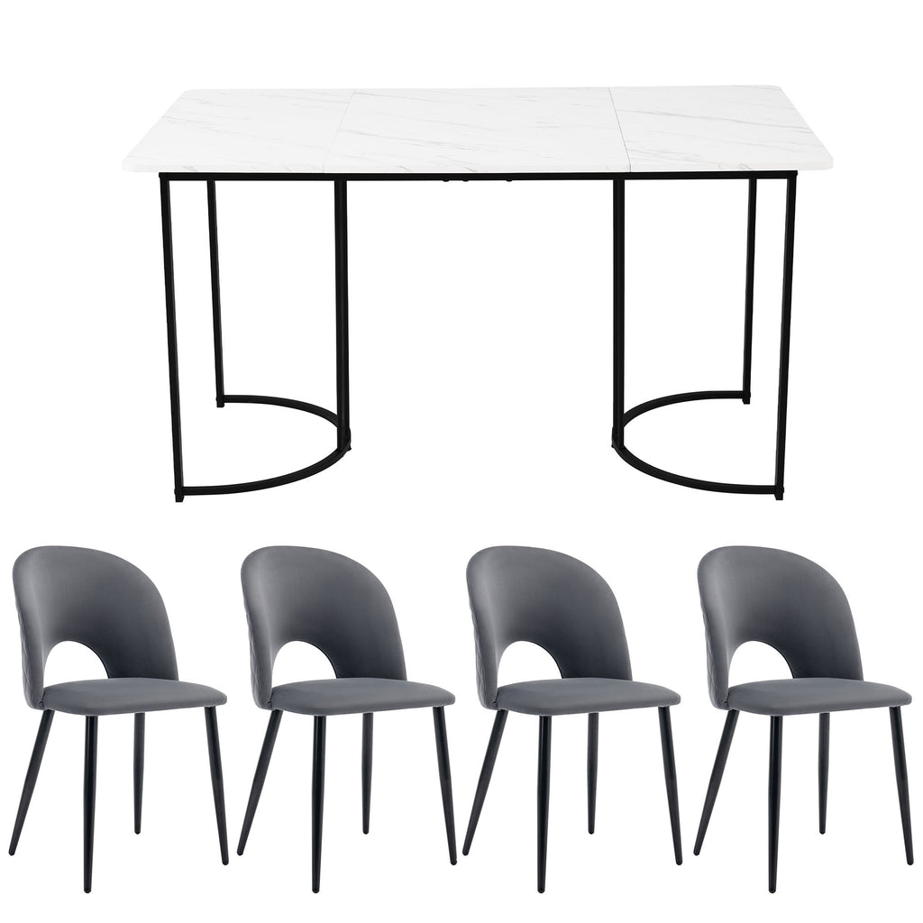 Dining Set, Set, 140x80cm Dining Table With 4 Chairs Modern Kitchen Table Set, Velvet Dining Chair With Diamond Pattern, Adjustable Chair Legs, Gray Velvet, MDF Tabletop In White, Black Table Legs