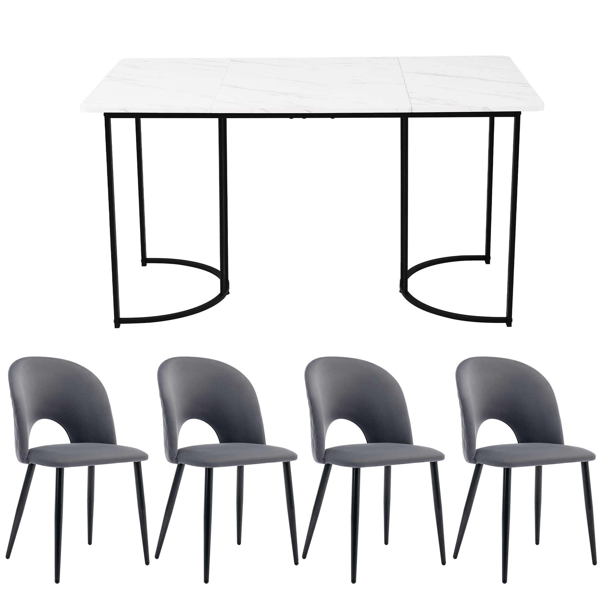 Dining Set, Set, 140x80cm Dining Table With 4 Chairs Modern Kitchen Table Set, Velvet Dining Chair With Diamond Pattern, Adjustable Chair Legs, Gray Velvet, MDF Tabletop In White, Black Table Legs