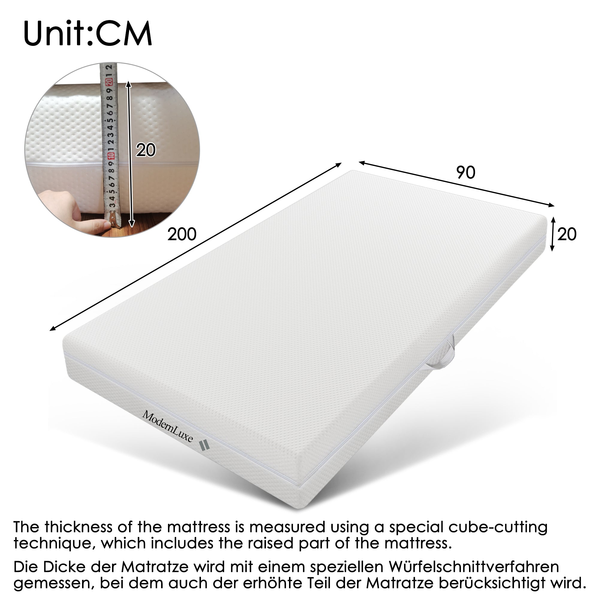 Cold Foam Mattress, 90x200, 7 Zones Comfort Foam Mattress, 20 Cm High, H3,H2, Ergonomic Cold Foam Mattress With Handles & Cover Washable Climate Fiber Quilted With All-round Zipper