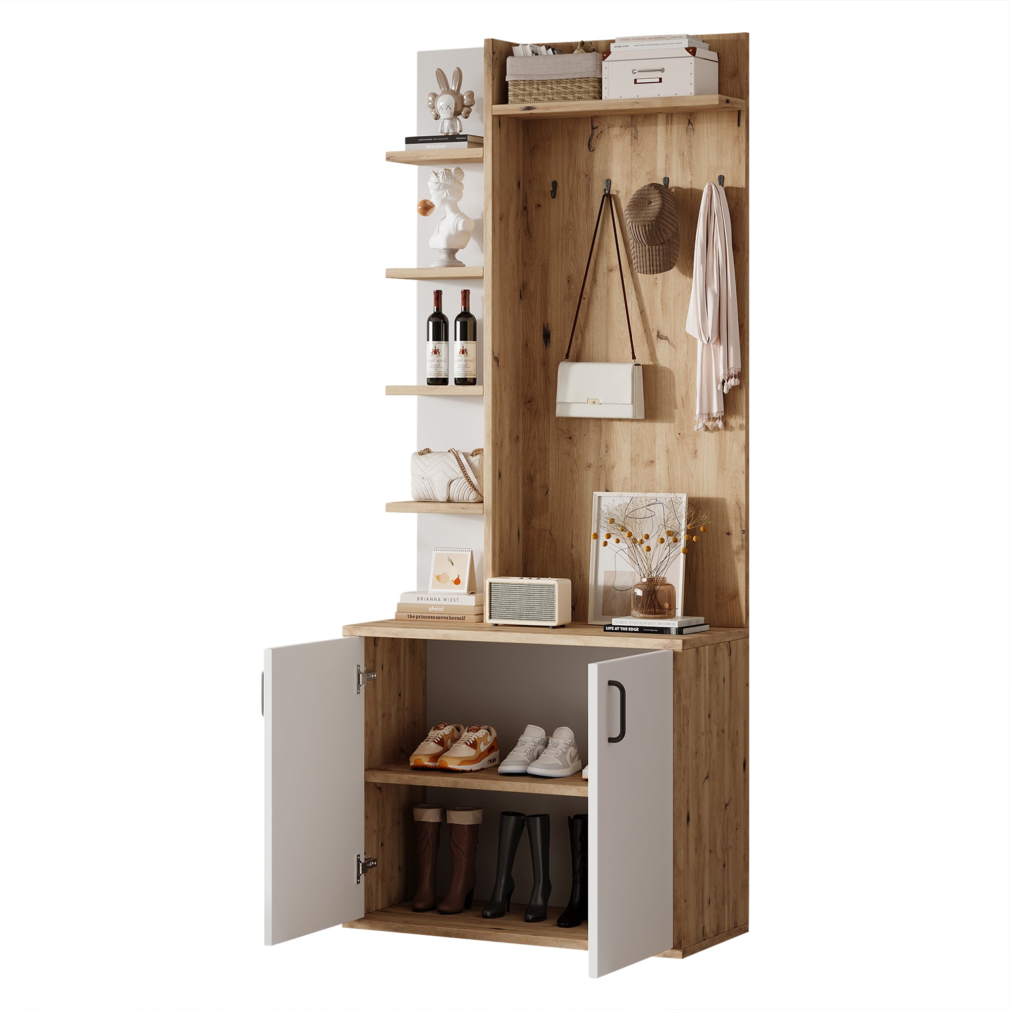75x33x180cm Coat Rack With Coat Rack, Shoe Storage, Hallway Equipment With Coat Hooks, Hallway Cabinet With 5-layer Storage Space Divider And Storage Cabinets, Original Wood Color  White