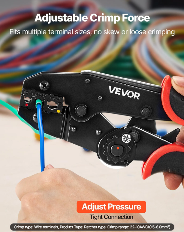 VEVOR Crimping Tool, 22-10 AWG Ratcheting Wire Crimper Tool, Labor-Saving Electrical Terminal Crimp Pliers With Clear Metric & AWG Markings, Quick Release, Adjustable Force For Multiple Terminals