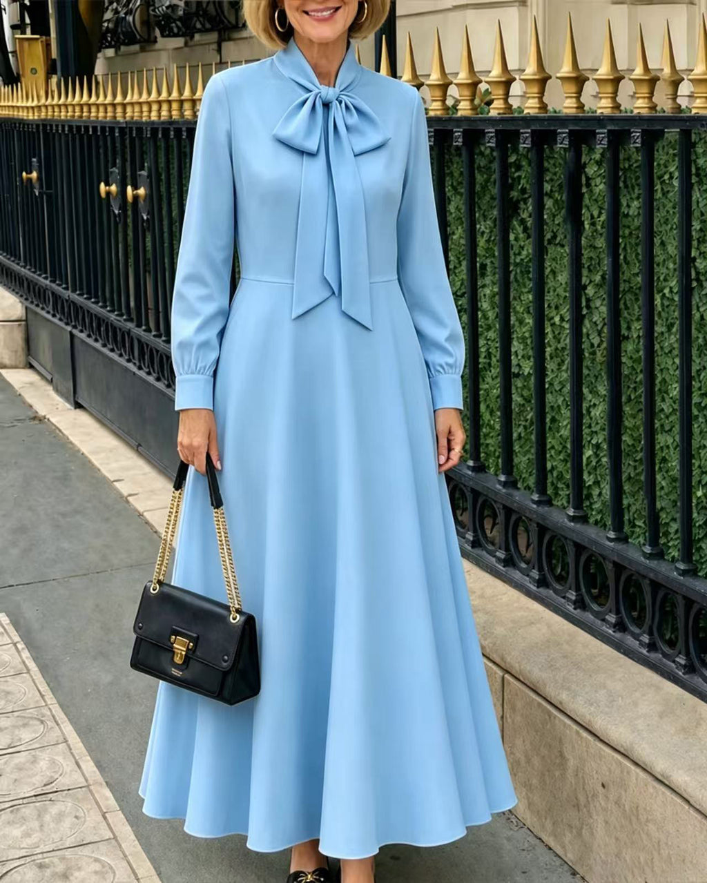 Springautumn Long-sleeve Puff-sleeve Dress With Bow Details At The Hem