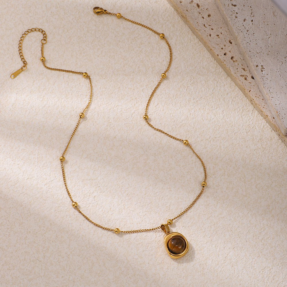 Stainless Steel Side-clamping Beaded Chain Paired With Stainless Steel Tiger's Eye Stone Pendant Necklace