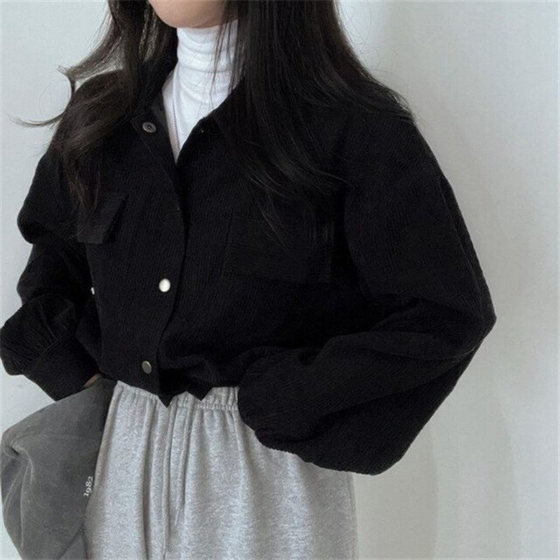 Notch-collar Cropped Drawstring Long-sleeve Shirt Corduroy Jacket