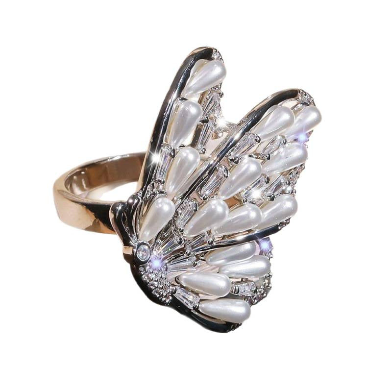 Zircon Pearl Butterfly Closed End Ring For Women