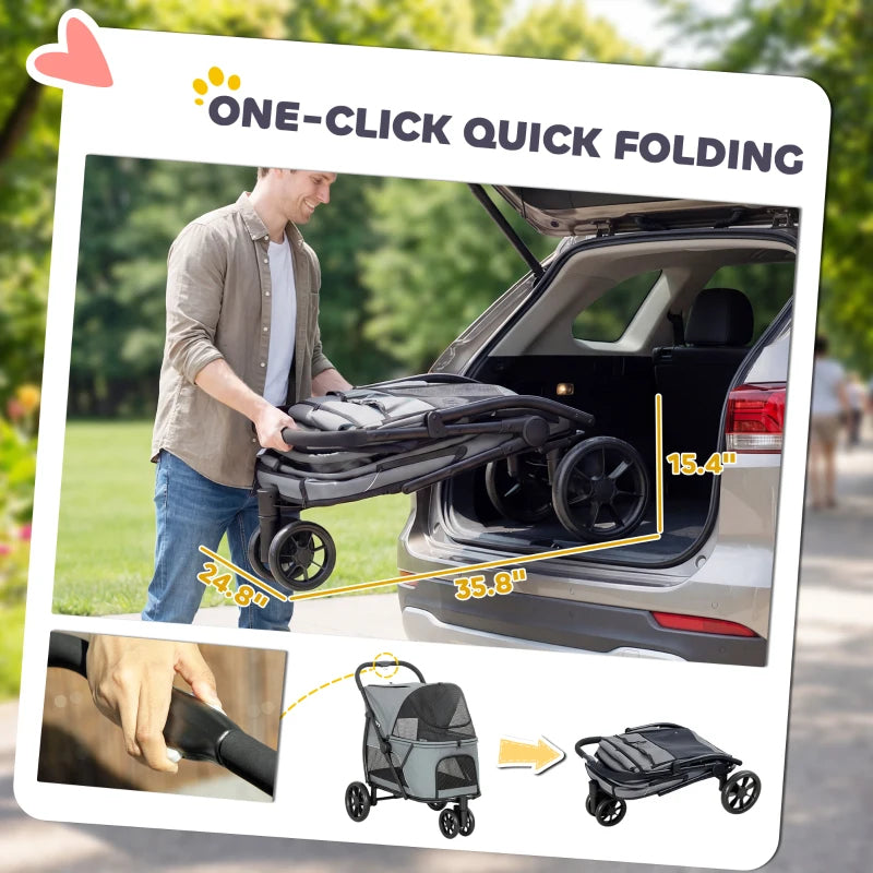 3 Wheel Pet Stroller With Easy One-Click Quick Fold, Mesh Window, Washable Cushion, For Medium Dogs, Gray
