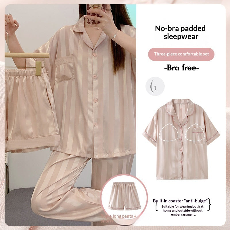 Womens Summer High-End Ice Silk Short-Sleeve Pajama Set 3 Pieces