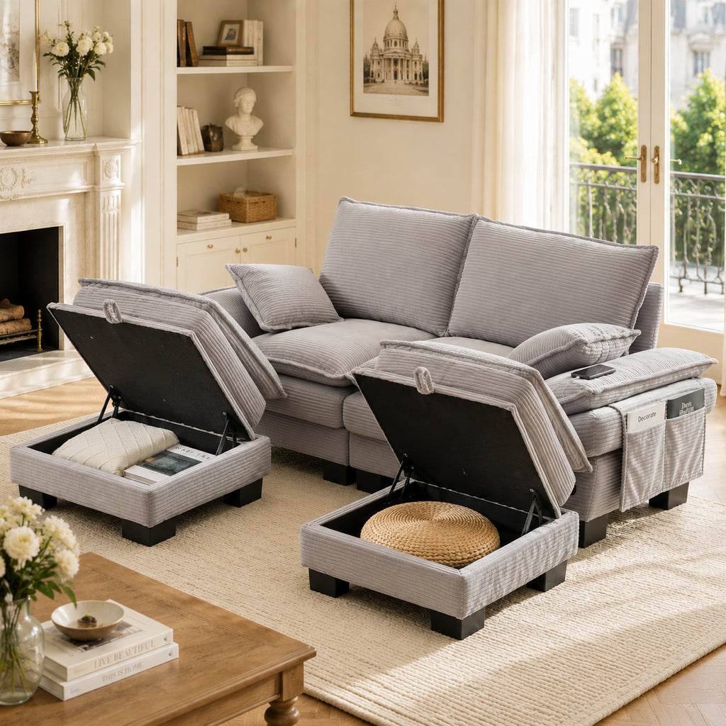 Modular 2-seater Corduroy Sofa  With 2 Stools Wide Seat, Ergonomic Design, High-density Foam Padding, USB-C Port And Side Pockets.Ideal For Living Room, Office Or Lounge.Light Grey