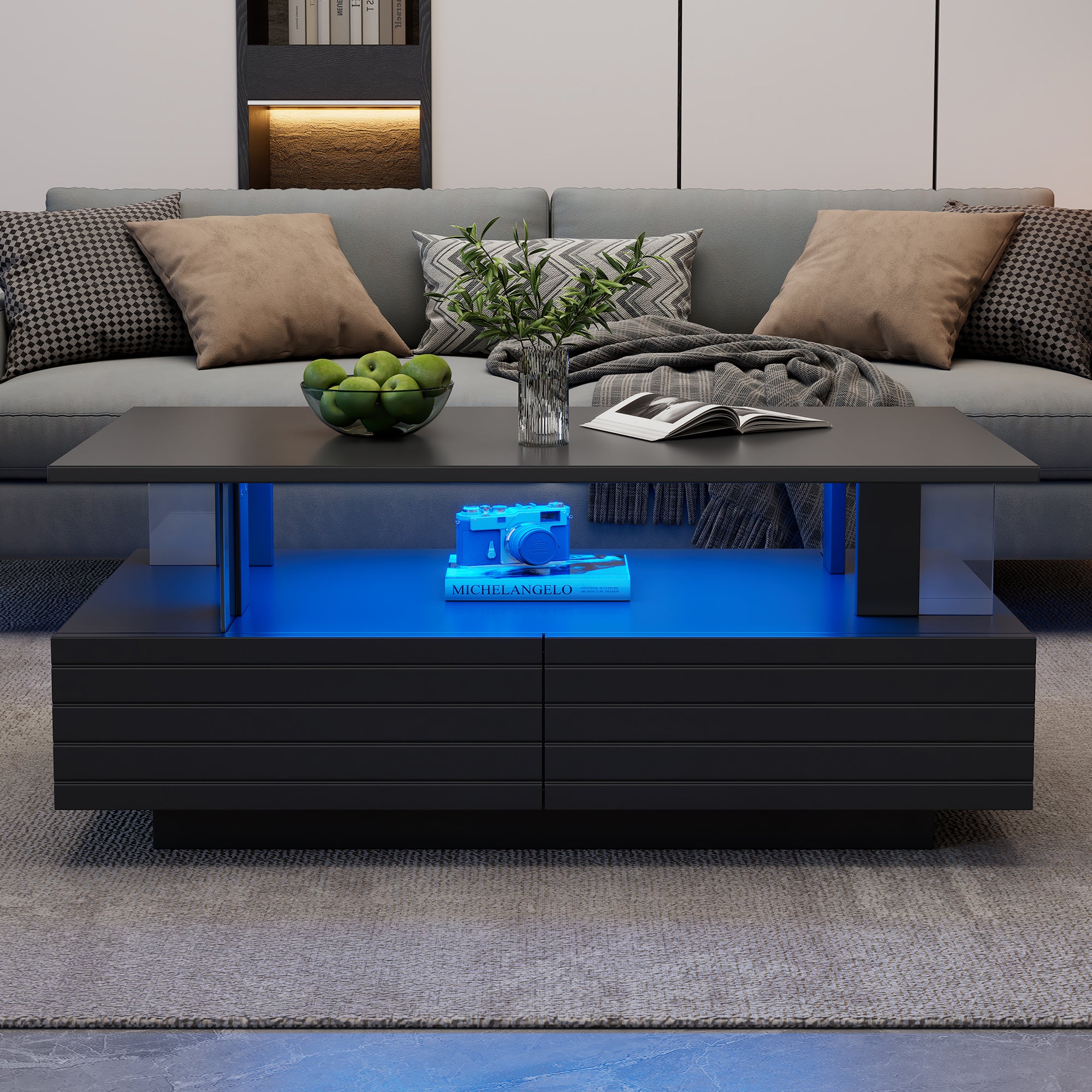Black LED Coffee Table With Storage Function, Acrylic LED Living Room Table, Bistell Table, Double Layer Rectangular Coffee Table With Bluetooth Mobile Phone App Control, Suitable For Parties, Offices