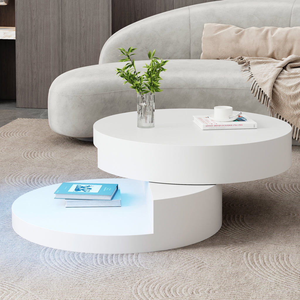 N625P300074W 70x70x35.5cm Coffee Table, Upper Table Top 360dgFreely Rotatable, Swivel Sofa Table With LED Light Strip, Cylindrical Living Room Table Made Of MDF, Loadable Up To 30 Kg, 2-Layer Construc