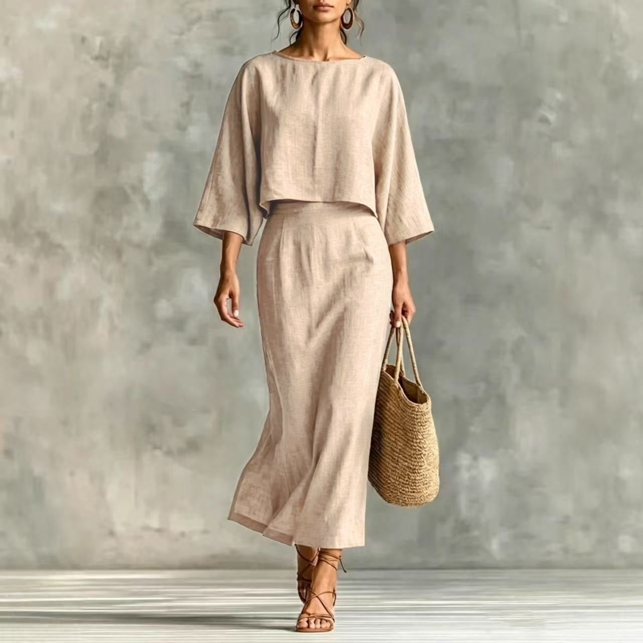High Waisted Long Skirt Set With A Round Neck Three Quarter Sleeved Loose Fitting Womens Top