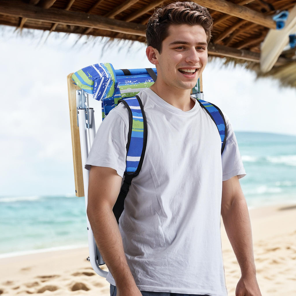 Portable Blue-and-green Striped Backpack Beach ChairFoldable And Adjustable Reclining Beach Lounger Suitable For Outdoor Beach And Camping Use.Self-pickup Only.