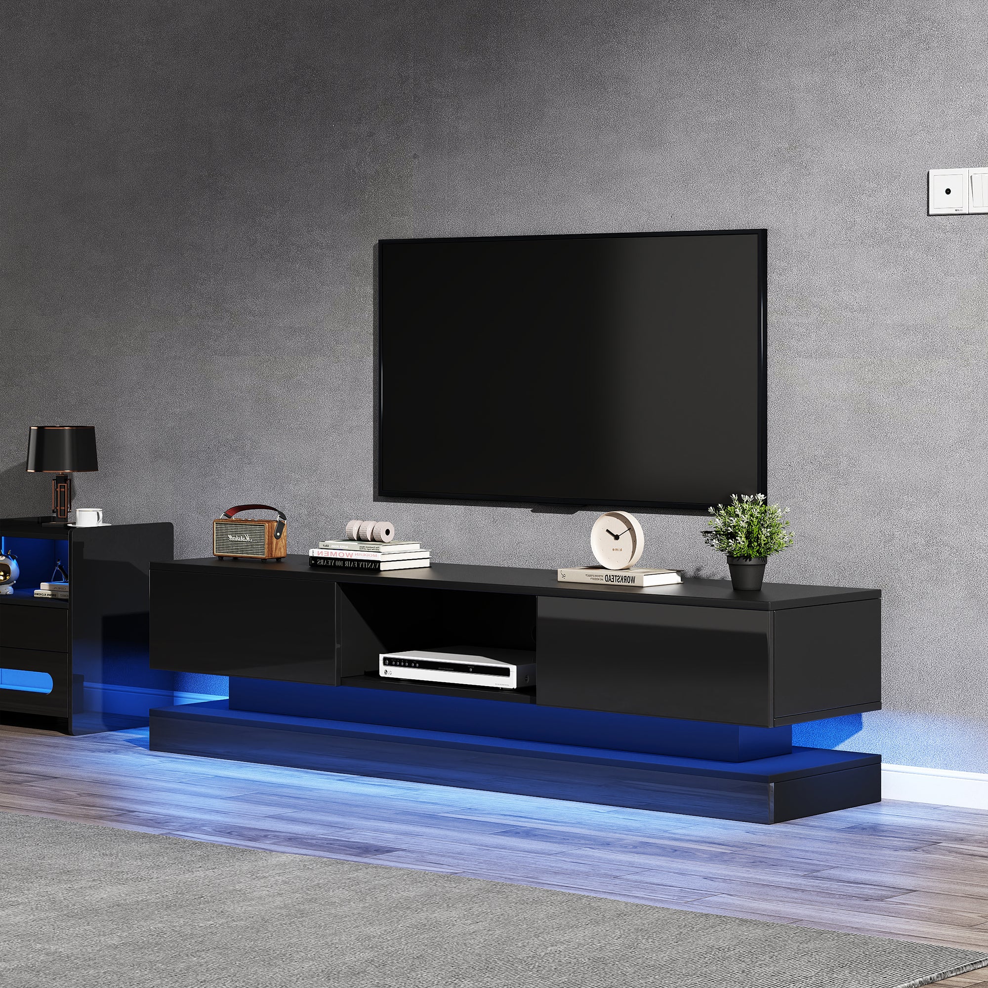 160x35x40.5cm Black High Gloss TV Stand With LED Lighting, 2 Drawers, Application Control, Anti-Tilt Design, Suitable For 60 Inch TV, TV Cabinets, TV Lowboard