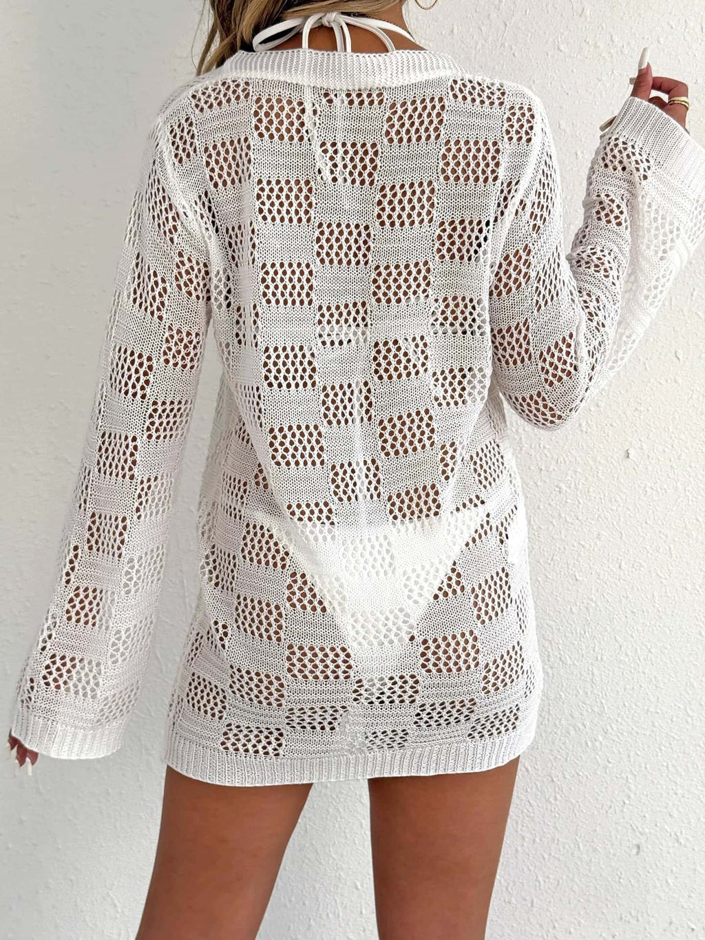 Women Hollow Woven Long Sleeve Tie Front Cardigan, European American Sun Protection Bikini Cover Up, Casual Beach Outerwear