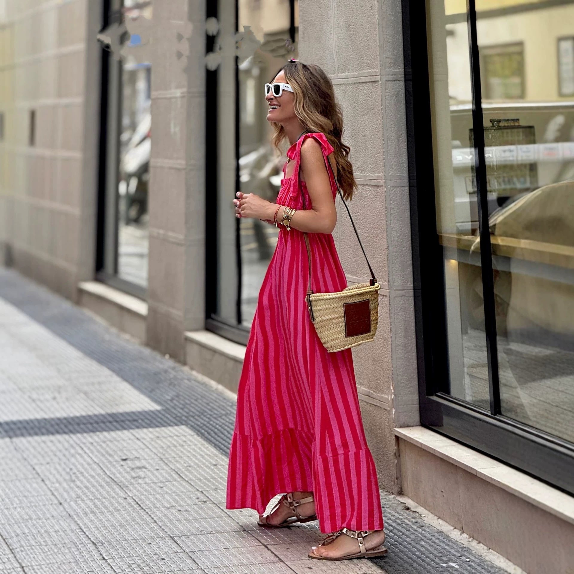 Womens Striped Printed Lace-Up Waist-Cinching Dress