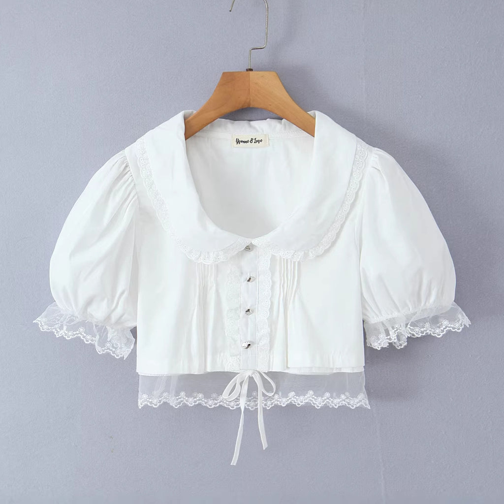 Cotton Mesh Lace Panelled Puff-sleeve Spicy-girl Style Cropped Top