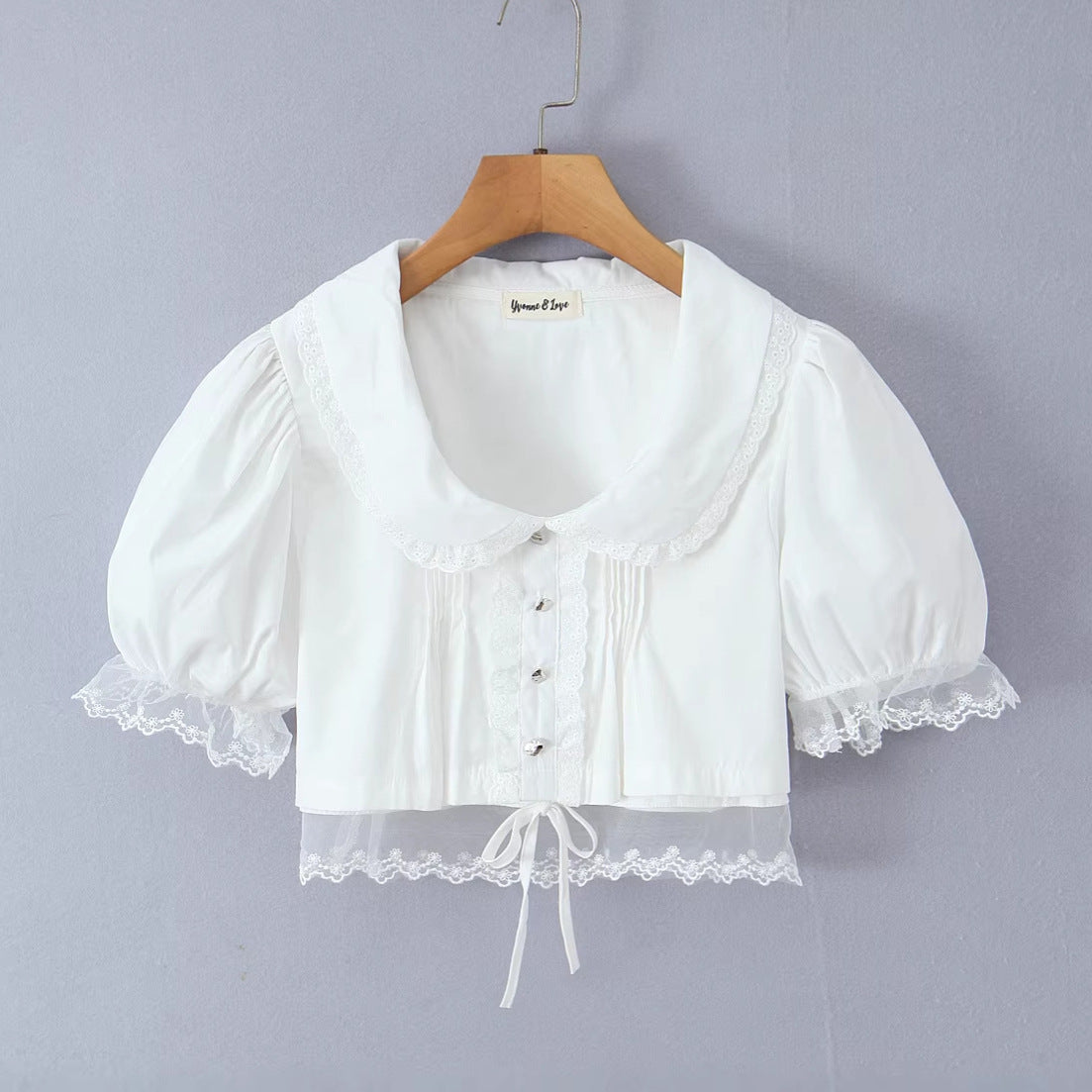 Cotton Mesh Lace Panelled Puff-sleeve Spicy-girl Style Cropped Top
