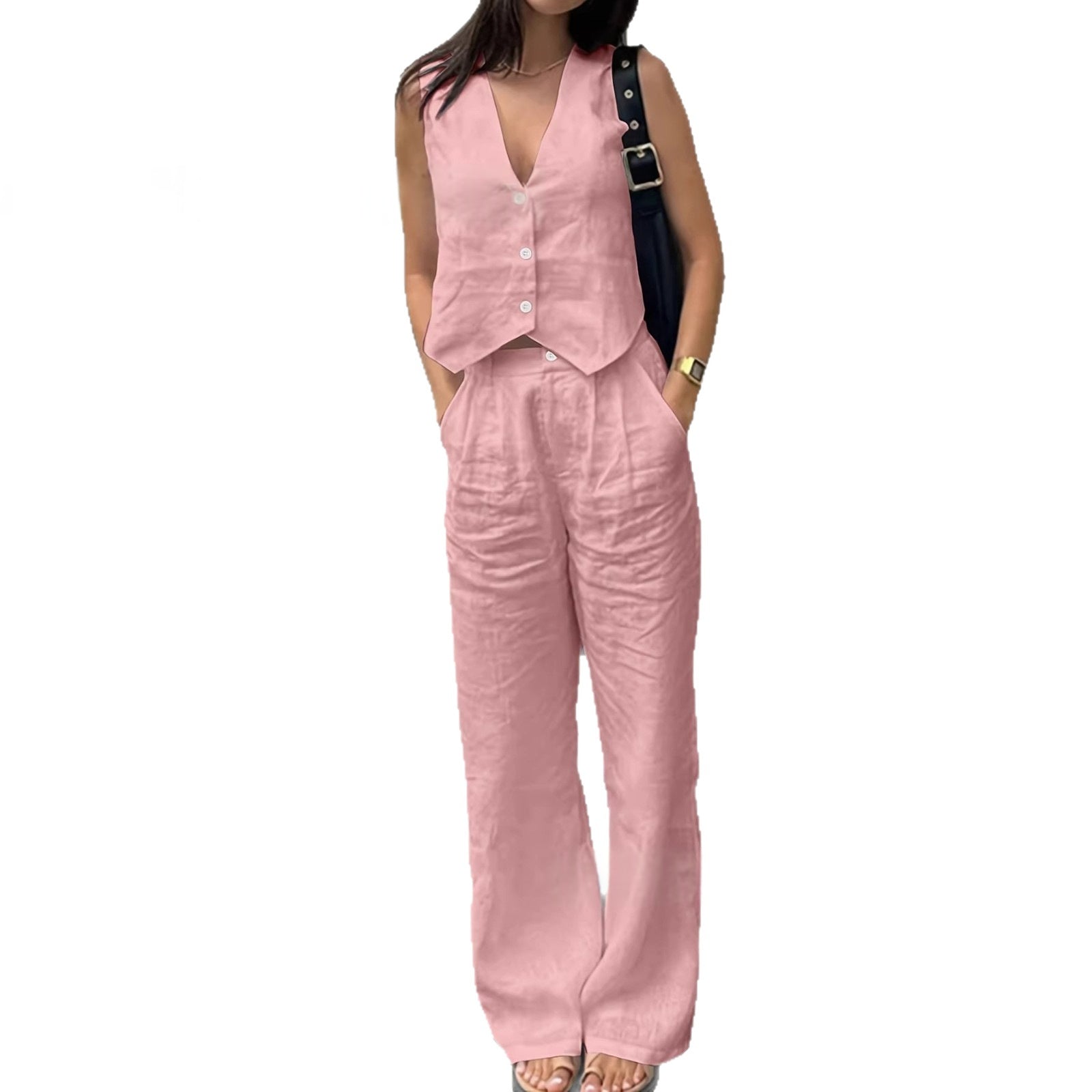 Fabric V-neck Vest High-waisted Wide-leg Pants Casual Two-piece Set