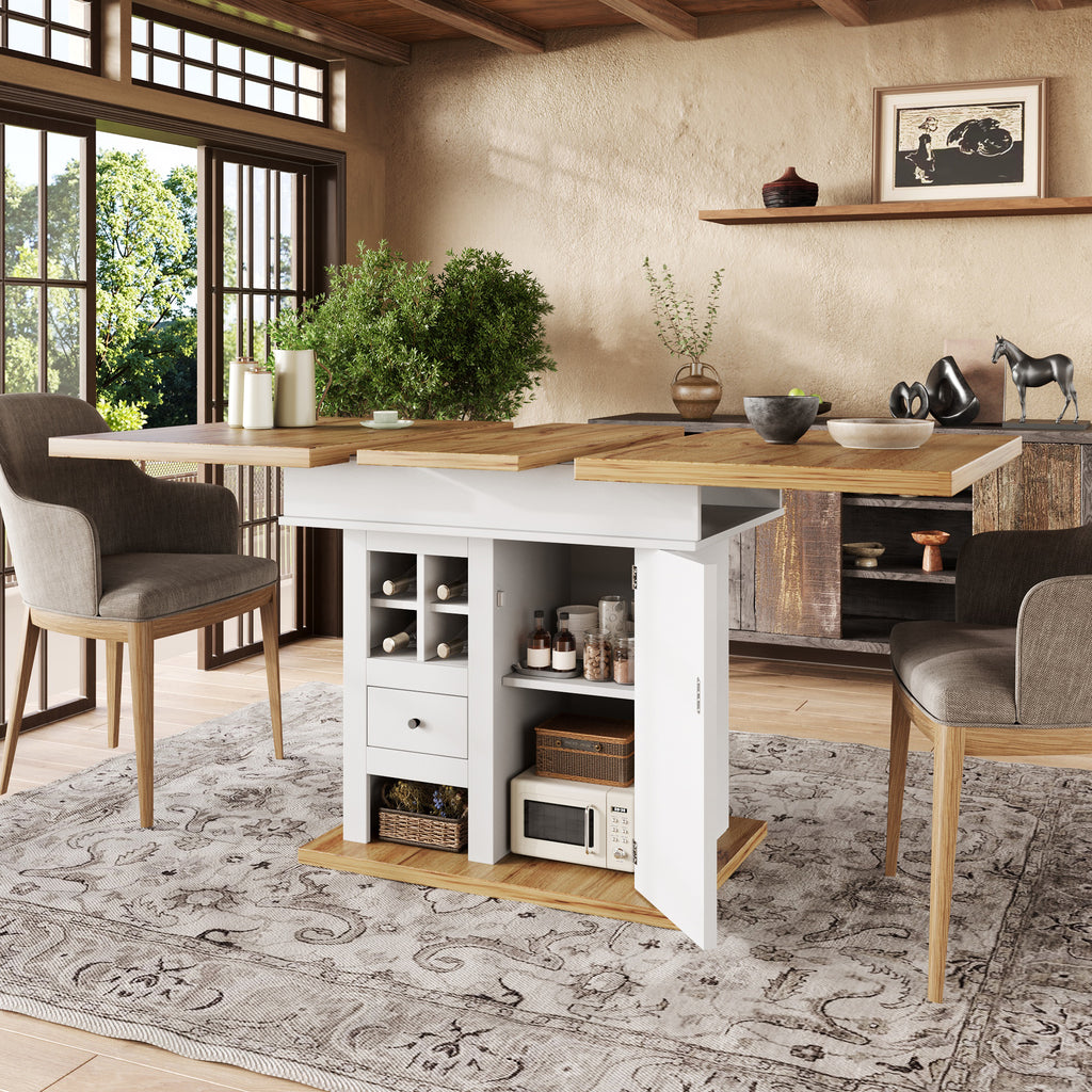 Telescopic Dining Table  110-140x80cm , Foldable Kitchen Table For 4-6 People, Extendable Dining Table, Space-saving Kitchen Table, For Kitchen And Living Room, Dining Table With Wine Rack And Drawers