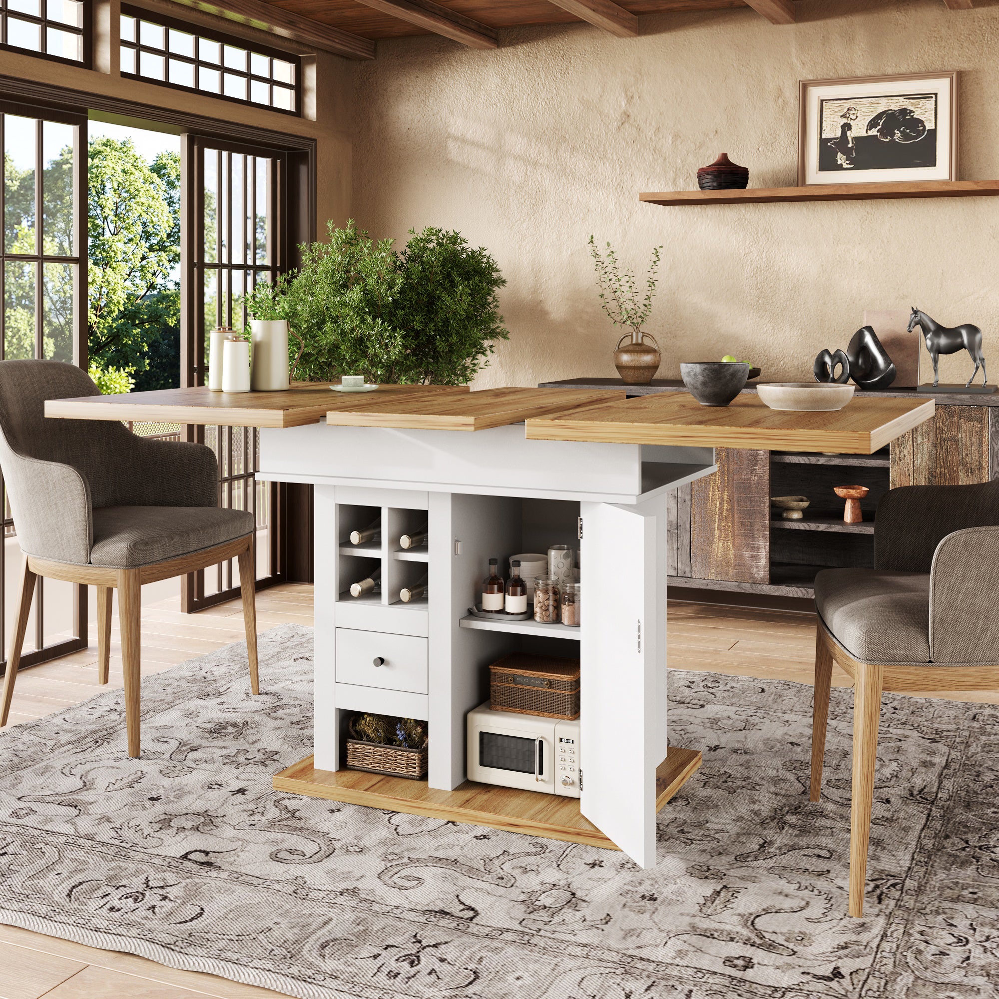 Telescopic Dining Table  110-140x80cm , Foldable Kitchen Table For 4-6 People, Extendable Dining Table, Space-saving Kitchen Table, For Kitchen And Living Room, Dining Table With Wine Rack And Drawers