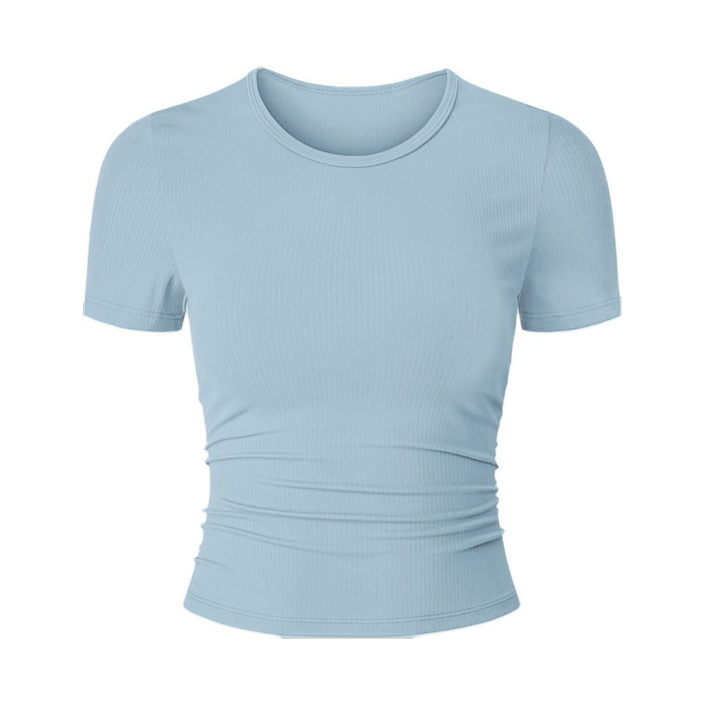 Womens Round-Neck Pleated Shaping Short-Sleeve Yoga Top