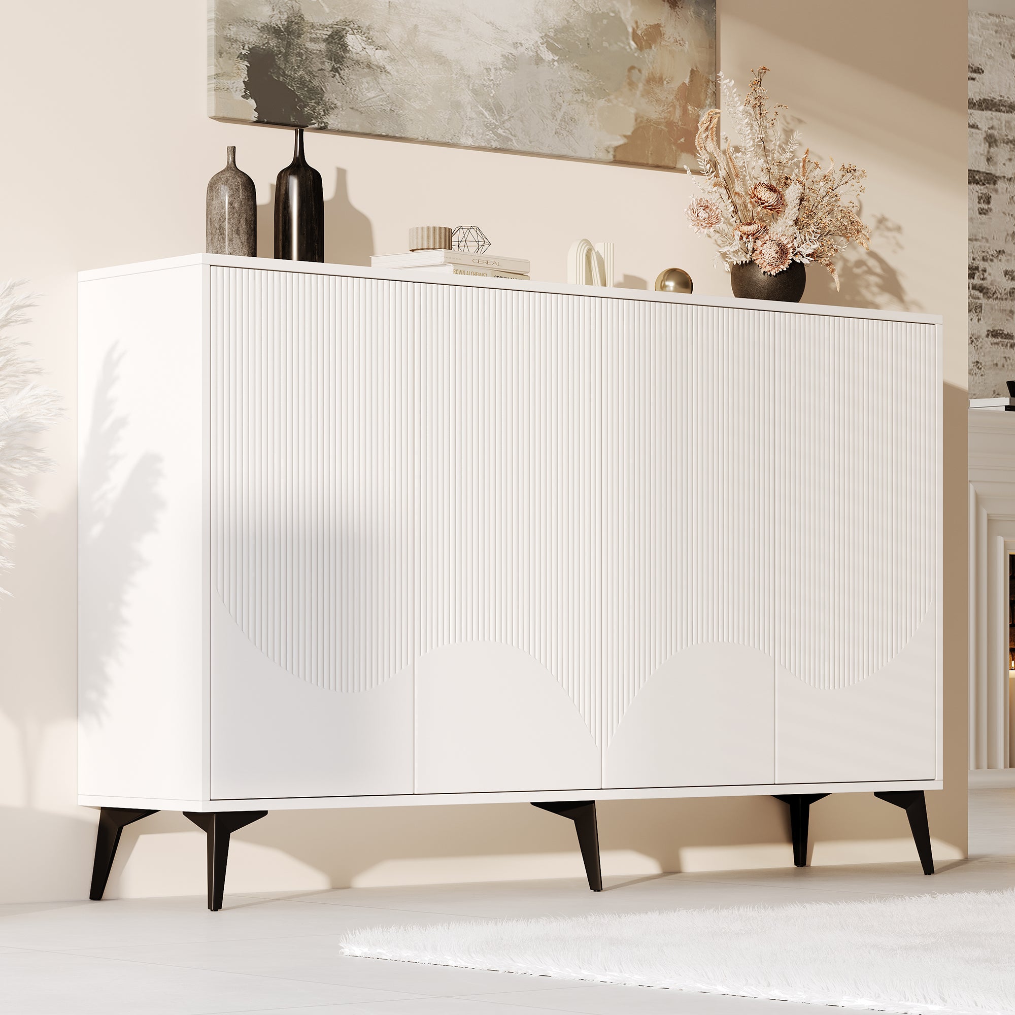 White Sideboard Width 160 Cm, Multifunctional Sideboard, Chest Of Drawers, Highboard With Adjustable Shelves, 4 Doors, Metal Legs