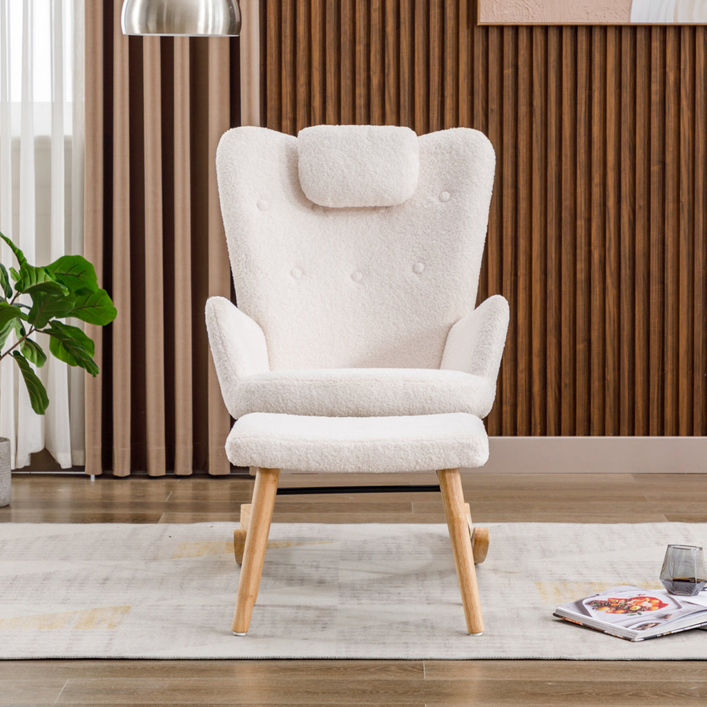 Comfortable White Rocking Chair, Soft Teddy Plush Rocking Chair With Neck Cushion And Footrest - Load Capacity Up To 100 Kg
