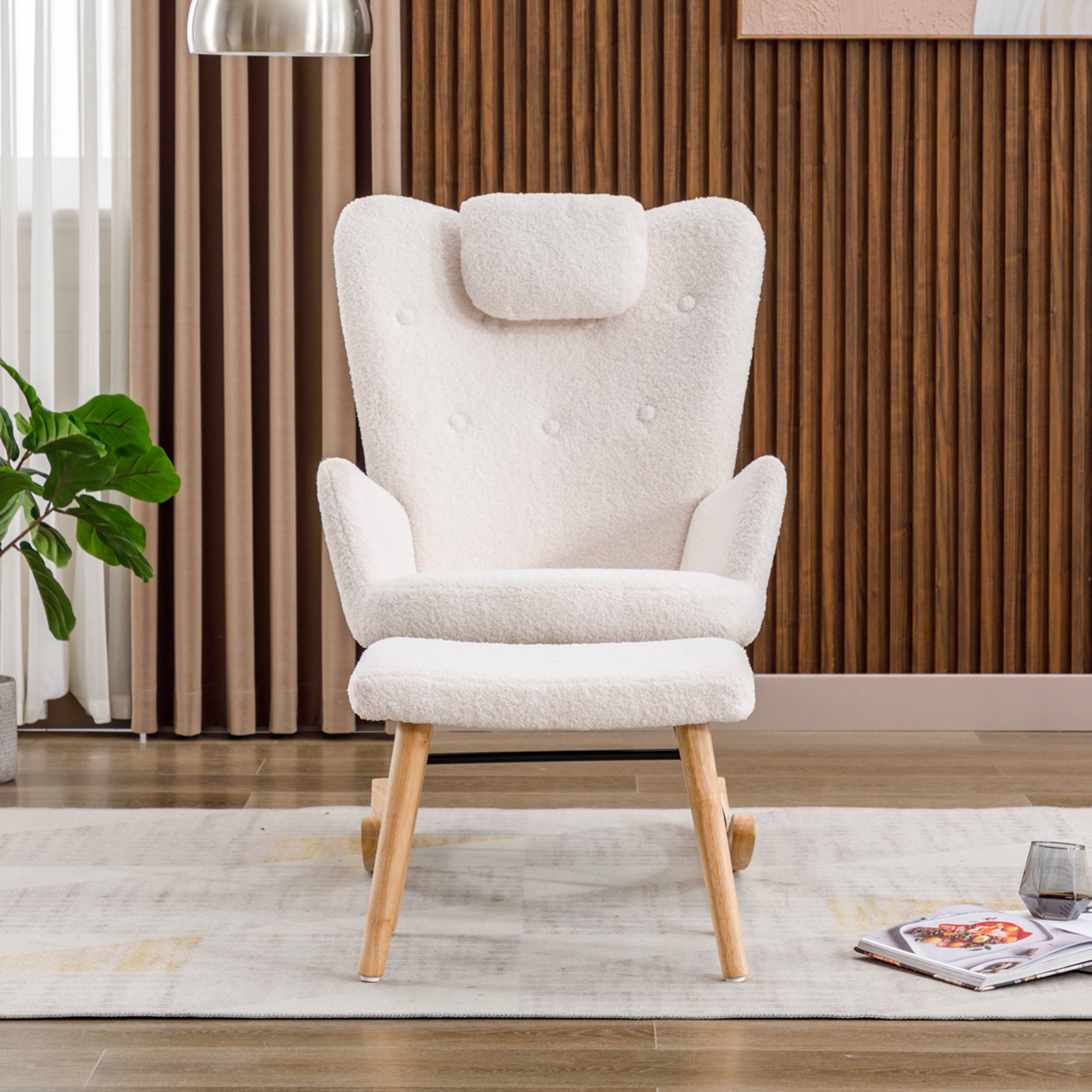 Comfortable White Rocking Chair, Soft Teddy Plush Rocking Chair With Neck Cushion And Footrest - Load Capacity Up To 100 Kg