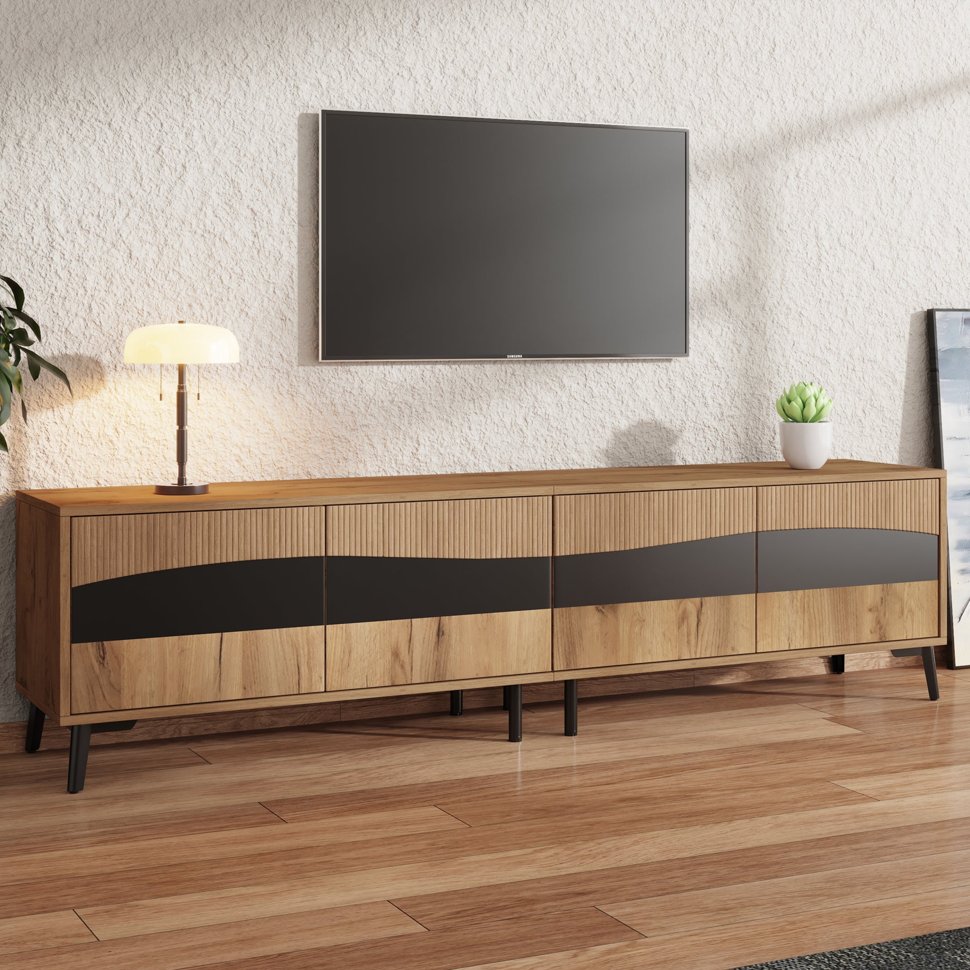 180x40x50cm TV Cabinet, Wood Color - Black Splice TV Stand, TV Cabinet With 4 Cabinets, Living Room Cabinet With 8 Support Legs, Recommended Load Capacity 30kg, Symmetrical Design, Lowboard