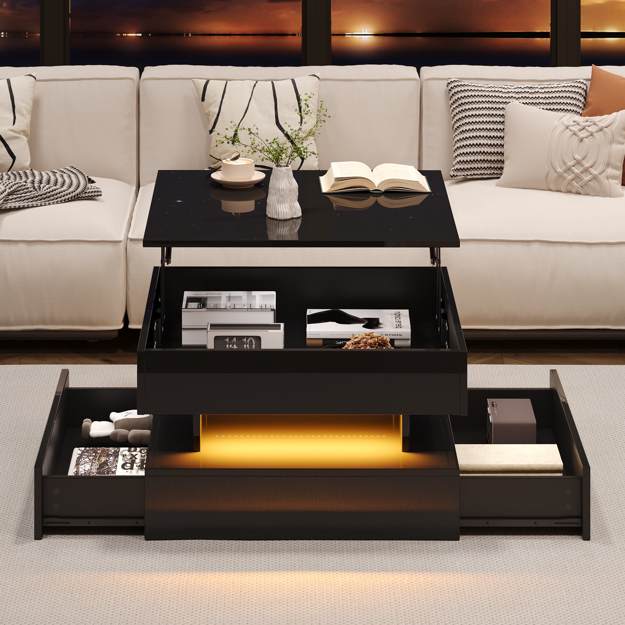65 X 65 X 38.5 Cm Liftable Living Room Table,Side Table,High Gloss Coffee Table With LED Light Strip, Sofa Table With 2 Drawers, Coffee Table With Geometric Design And Hidden Storage,Black
