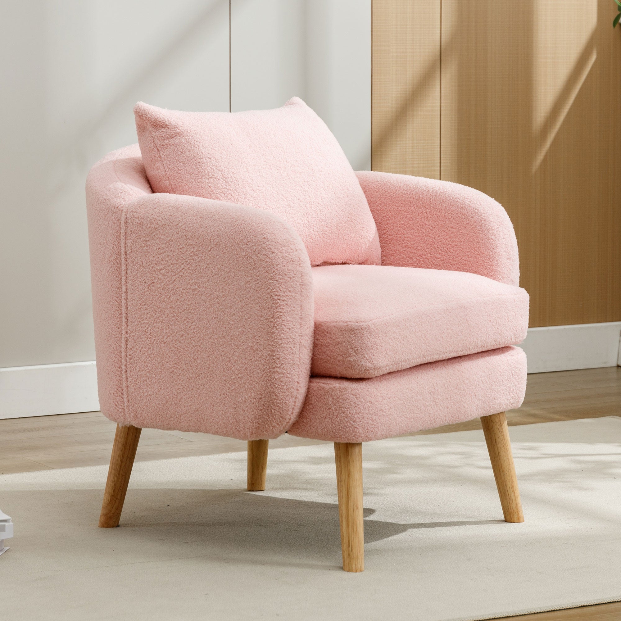 Modern, Simple Teddy Velvet Armchair With Cushion, Extra Thick Cushion Chair, Single Sofa Armchair, Upholstered Armchair, Leisure Chair, Solid Wood Leg Chair