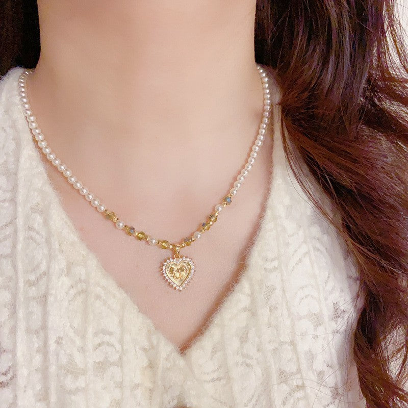 French-style Light-Luxury Zircon Metal Heart Pearl Necklace