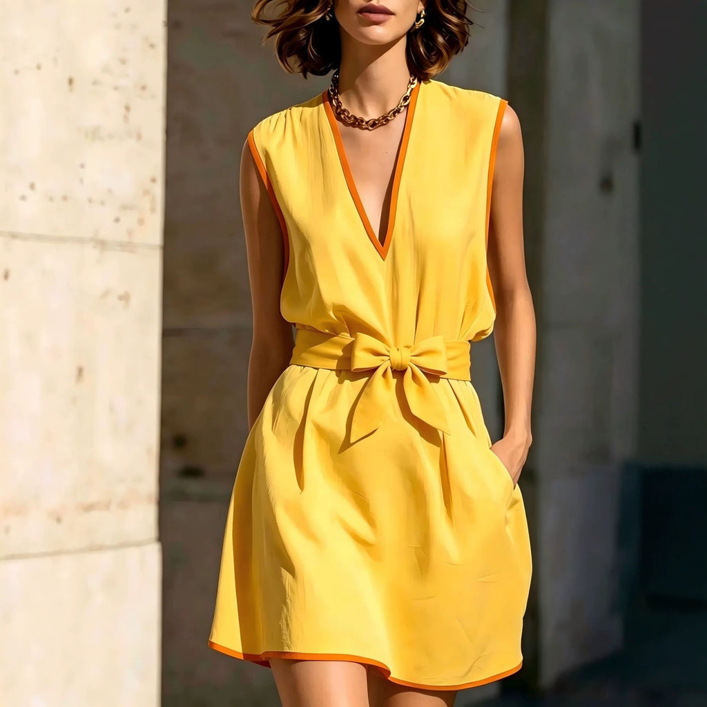 Sleeveless V-neck Waist-cinching Lace-up Dress For Women