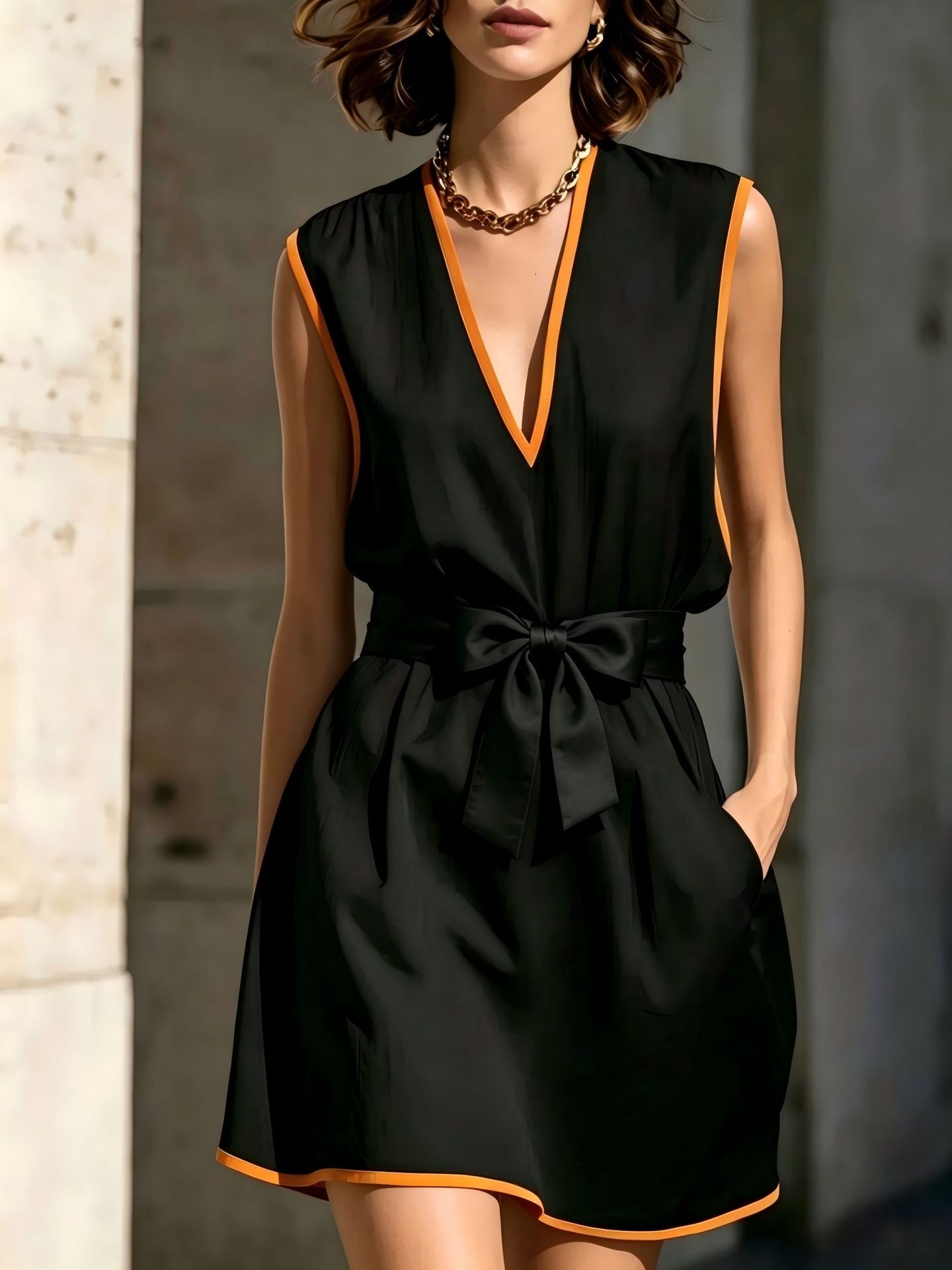 Sleeveless V-neck Waist-cinching Lace-up Dress For Women