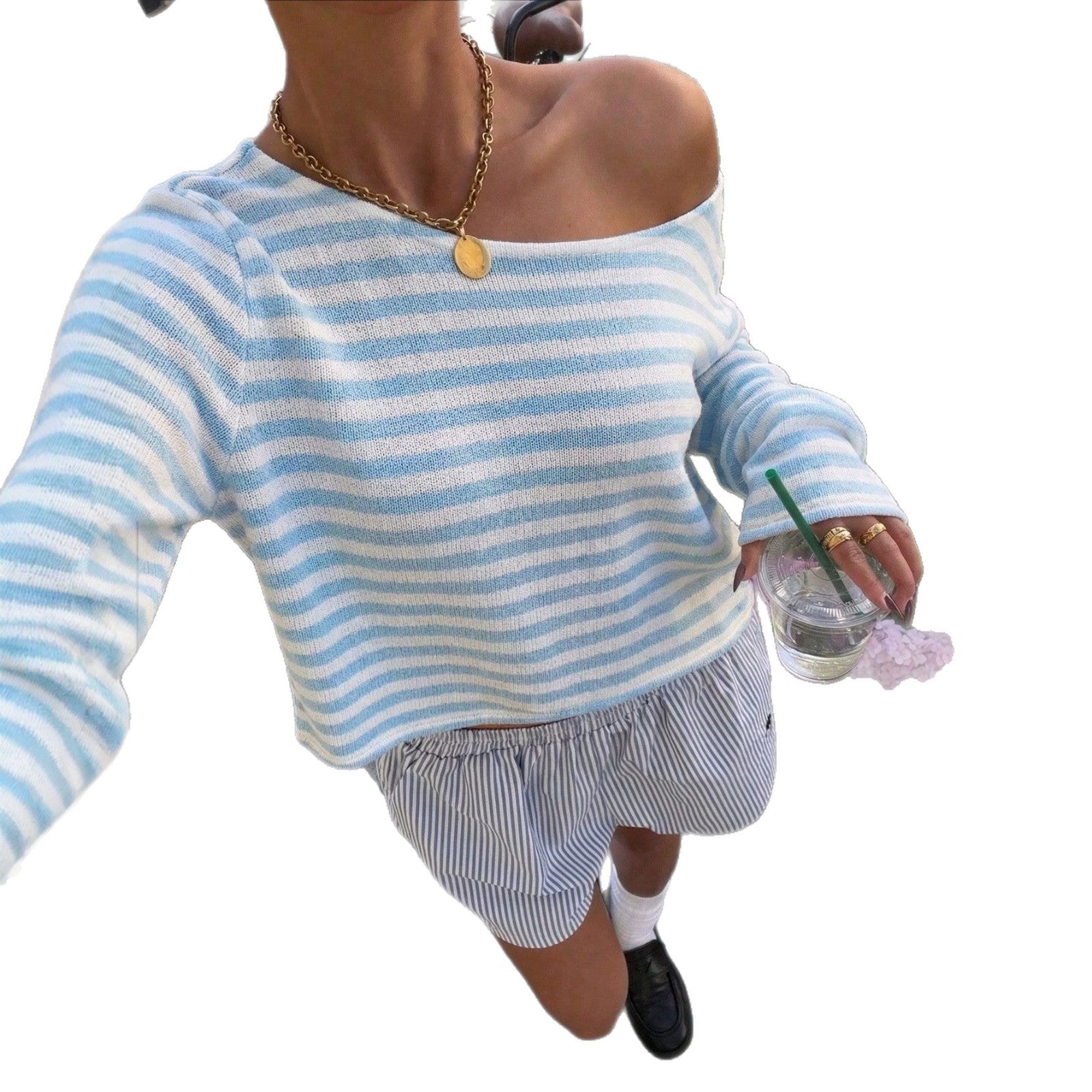 Casual Short-length Striped Knit Top With Long Sleeve