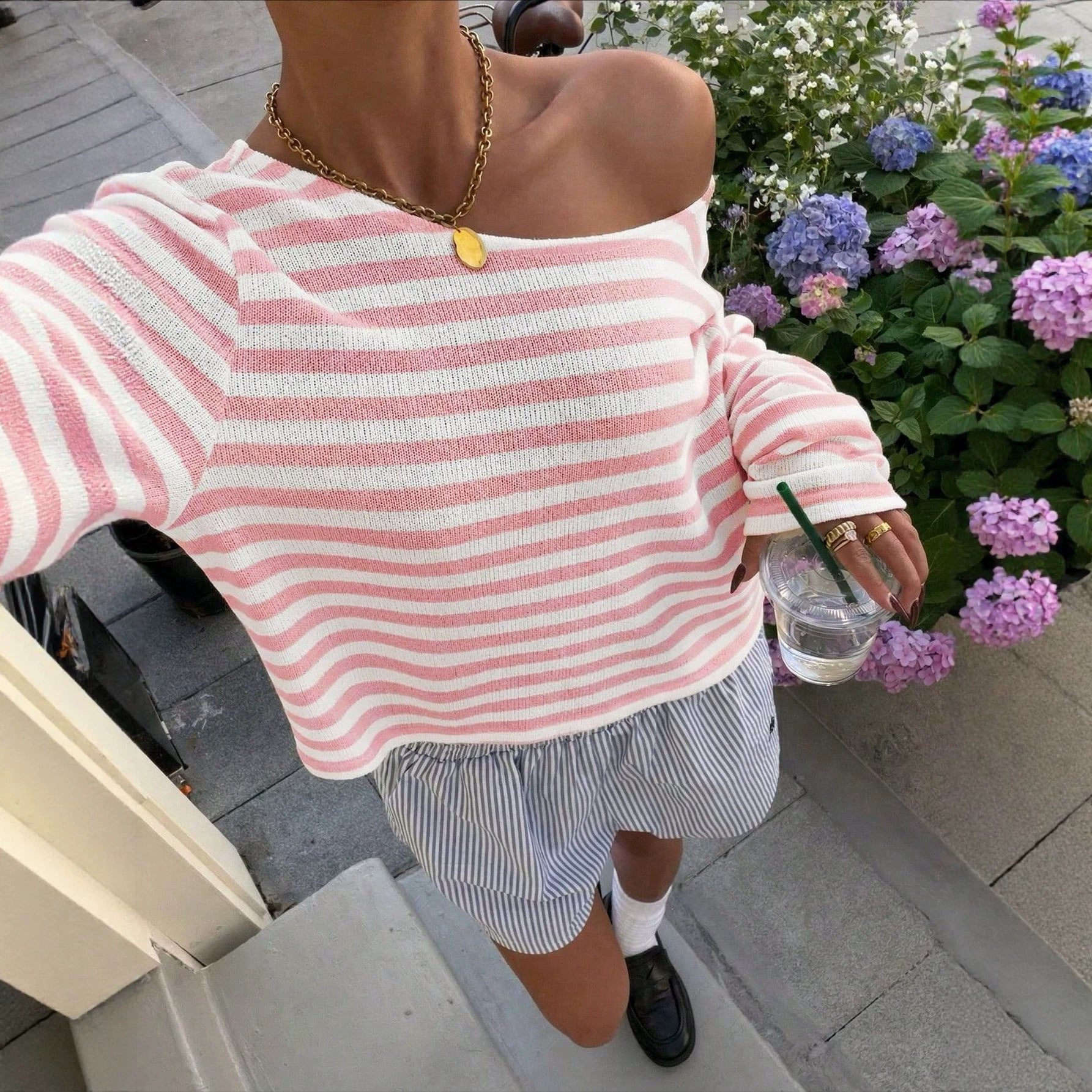 Casual Short-length Striped Knit Top With Long Sleeve