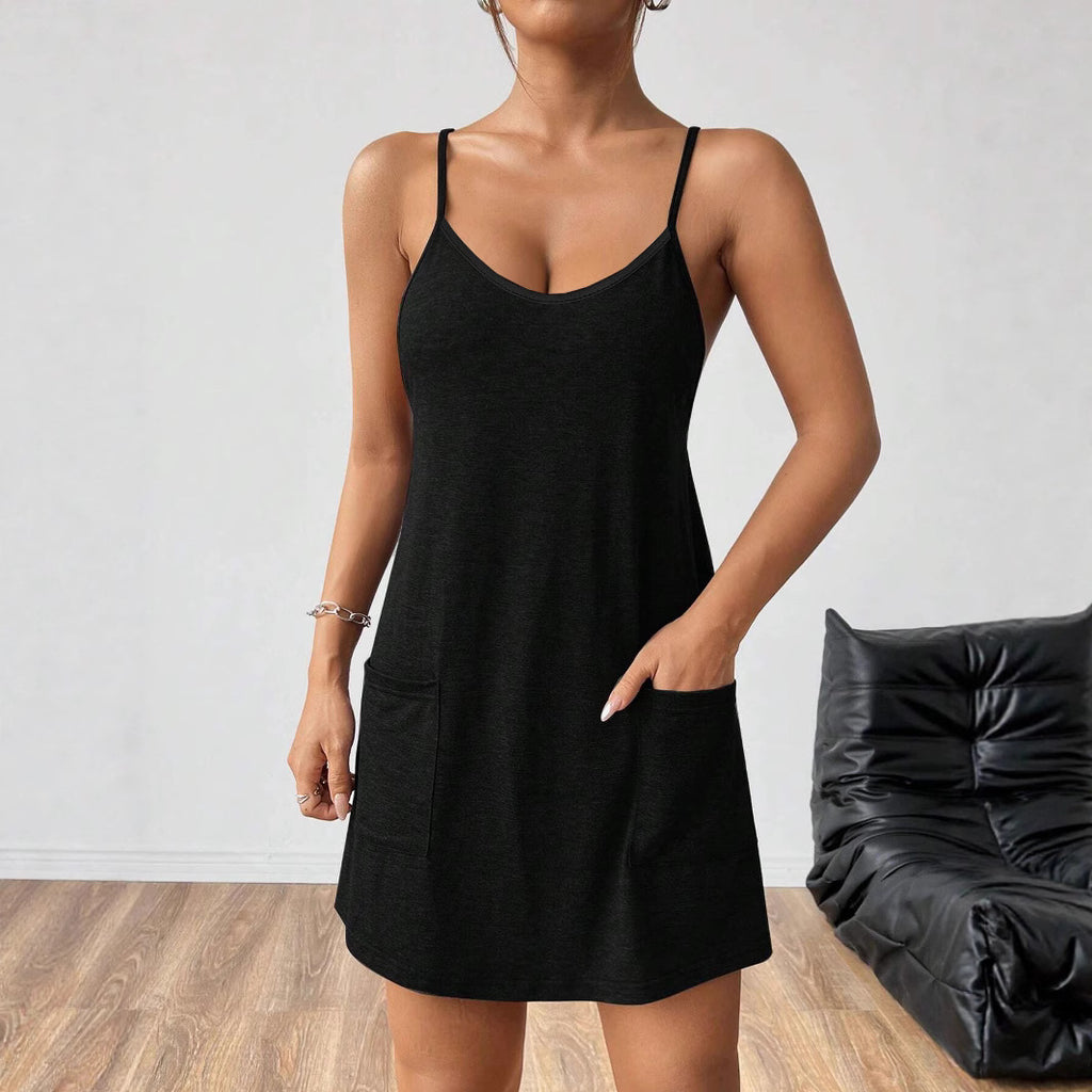 Womens Solid-color V-neck Elegant Strap Dress With Pockets