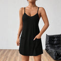 Womens Solid-color V-neck Elegant Strap Dress With Pockets