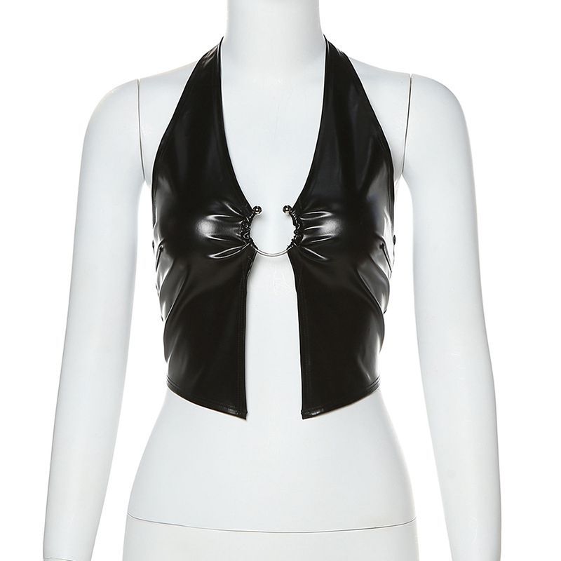Fashionable Halterneck Sexy Cutout Backless Slim-fit Crop PU Tank Top