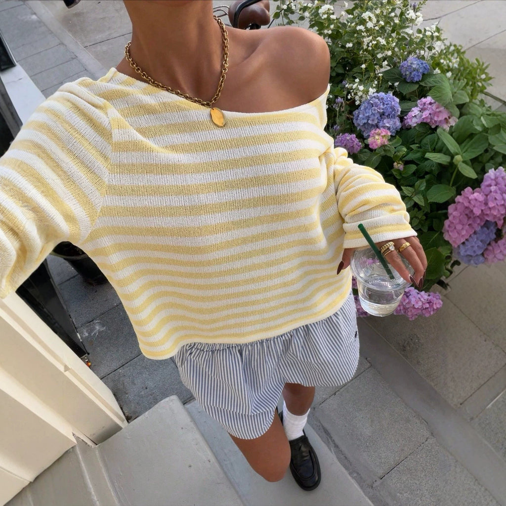 Casual Short-length Striped Knit Top With Long Sleeve